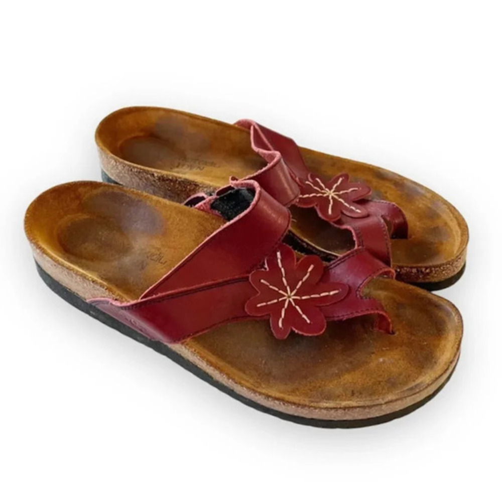 NAOT Dark Red Leather Floral Motif Cork Sandals Women’s Size 12‎ Summer Slides